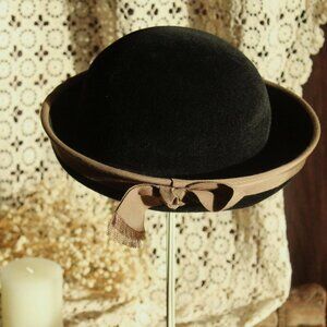 Vintage 1950s Madeline Hat, Merrimac Black with Brown Grosgrain Ribbon Bow,